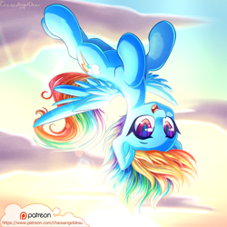 Size: 1100x1100 | Tagged: safe, artist:chaosangeldesu, derpibooru import, rainbow dash, pegasus, pony, backwards cutie mark, cloud, cute, dashabetes, female, flying, looking at you, mare, patreon, patreon logo, solo, spread wings, upside down, wings