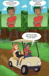 Size: 1280x1979 | Tagged: safe, artist:pettypop, sunset shimmer, timber spruce, equestria girls, annoyed, comic, dialogue, forest, golf cart, parks and rec (show)