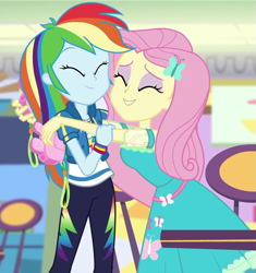 Size: 875x930 | Tagged: safe, derpibooru import, screencap, fluttershy, rainbow dash, better together, equestria girls, holidays unwrapped, cropped, cute, dashabetes, dashing through the mall, dawwww, eyes closed, eyeshadow, hairpin, happy, heartwarming, hug, makeup, precious, shyabetes, sweet dreams fuel