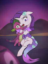 Size: 1200x1600 | Tagged: safe, artist:kkmrarar, rarity, spike, dragon, mermaid, pony, unicorn, scare master, clothes, cosplay, costume, crying, duo, female, floppy ears, looking at you, male, mare, mermarity, nightmare night, nightmare night costume, open mouth, scared, scene interpretation, shipping, sparity, straight