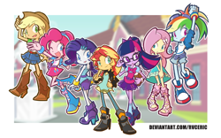 Size: 2720x1700 | Tagged: safe, artist:rvceric, applejack, fluttershy, pinkie pie, rainbow dash, rarity, sci-twi, sunset shimmer, twilight sparkle, equestria girls, boots, bow, clothes, cowboy boots, cowboy hat, female, glasses, hair bow, hat, humane five, humane seven, humane six, jacket, leather jacket, shoes, sneakers