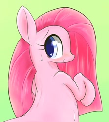 Size: 794x889 | Tagged: safe, artist:91o42, pinkie pie, earth pony, pony, cute, cuteamena, heart eyes, looking at you, looking back, pinkamena diane pie, raised hoof, simple background, smiling, solo, sweat, wingding eyes