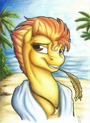 Size: 2461x3389 | Tagged: safe, artist:lupiarts, derpibooru import, spitfire, pegasus, pony, beach, female, hay, looking at you, mare, necklace, ocean, palm tree, sand, shark teeth, solo, towel, traditional art, tree