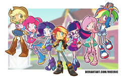 Size: 2720x1700 | Tagged: safe, alternate version, artist:rvceric, applejack, fluttershy, pinkie pie, rainbow dash, rarity, sci-twi, sunset shimmer, twilight sparkle, human, equestria girls, boots, clothes, cowboy hat, denim shorts, denim skirt, dress, glasses, goggles, hairband, hat, high heel boots, high heels, human coloration, humane five, humane seven, humane six, kotobukiya, miniskirt, pleated skirt, ponytail, shoes, shorts, side slit, skirt, sneakers, socks, stetson