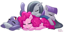 Size: 900x460 | Tagged: safe, artist:emberfan11, limestone pie, marble pie, maud pie, pinkie pie, earth pony, pony, clothes, cuddle puddle, cuddling, eyes closed, female, hair over one eye, leaning, mare, open mouth, pie pile, pie sisters, pony pile, prone, simple background, sleeping, smiling, transparent background