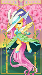 Size: 1080x1920 | Tagged: safe, artist:dstears, fluttershy, pegasus, pony, bipedal, clothes, dress, french haute couture, hat, lidded eyes, looking at you, solo, spread wings