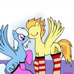 Size: 1415x1415 | Tagged: safe, artist:vinviasshine, derpibooru import, fleetfoot, spitfire, pegasus, pony, alternate hairstyle, blushing, clothes, duo, duo female, eyes closed, female, fleetfire, kissing, lesbian, mare, shipping, socks, spread wings, striped socks, wingboner, wings