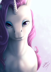 Size: 1637x2315 | Tagged: safe, artist:bluespaceling, rarity, pony, unicorn, bedroom eyes, bust, female, mare, portrait, realistic, solo, uncanny valley