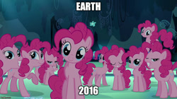 Size: 888x499 | Tagged: safe, edit, edited screencap, screencap, pinkie pie, earth pony, pony, too many pinkie pies, c:, clone, clones, grin, head tilt, image macro, looking at you, meme, pinkie clone, raised hoof, smiling, squee, that cute clone, xk-class end-of-the-world scenario, zombie apocalypse