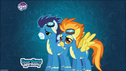 Size: 2560x1440 | Tagged: safe, derpibooru import, soarin', spitfire, pony, guardians of harmony, my little pony logo, official, wallpaper, wonderbolts