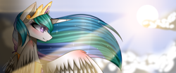 Size: 2899x1222 | Tagged: safe, artist:thefillyfill, princess celestia, alicorn, pony, cloud, crown, jewelry, peytral, regalia, solo, sun