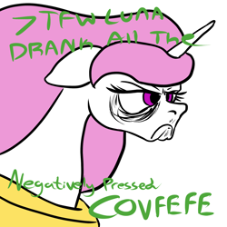 Size: 1800x1800 | Tagged: safe, artist:aaronmk, princess celestia, alicorn, pony, covfefe, donald trump, frown, greentext, simple background, solo, text, tfw, white background