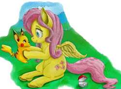 Size: 2250x1650 | Tagged: safe, artist:flutterwry, artist:twiddledittle, fluttershy, pegasus, pikachu, pony, pokéball, pokémon