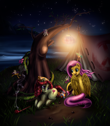 Size: 1824x2088 | Tagged: safe, artist:sentabry, fluttershy, tree hugger, breezie, pegasus, pony, make new friends but keep discord, night, peace symbol, smoke, tent