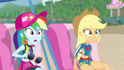 Size: 1280x720 | Tagged: safe, derpibooru import, screencap, applejack, rainbow dash, better together, equestria girls, lost and found, applejack's hat, beach, beach chair, belly button, bikini, clothes, cowboy hat, duo, hat, midriff, sunglasses, swimsuit