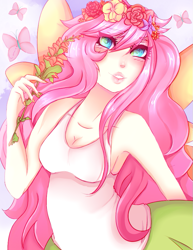 Size: 695x900 | Tagged: safe, artist:usagikari, fluttershy, human, armpits, breasts, cleavage, female, flower, flower in hair, humanized, solo, winged humanization