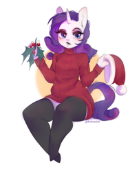 Size: 3252x4093 | Tagged: safe, artist:yukomaussi, rarity, anthro, unguligrade anthro, unicorn, christmas, clothes, female, hat, holiday, holly, looking at you, mare, santa hat, solo, stockings, sweater, thigh highs, zettai ryouiki