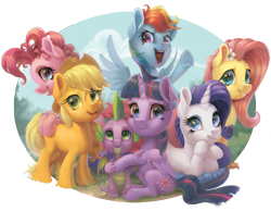Size: 4134x3200 | Tagged: safe, artist:gor1ck, derpibooru import, applejack, fluttershy, pinkie pie, rainbow dash, rarity, spike, twilight sparkle, twilight sparkle (alicorn), alicorn, dragon, earth pony, pegasus, pony, unicorn, bracelet, end of ponies, female, flower, flower in hair, folded wings, head on hoof, hoof under chin, jewelry, looking at you, mane seven, mane six, mare, open mouth, outdoors, partial background, pillow, prone, simple background, sitting, smiling, spread wings, standing, transparent background, underhoof, unshorn fetlocks, winged spike, wings
