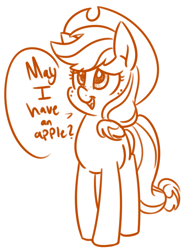 Size: 1287x1754 | Tagged: safe, artist:notenoughapples, applejack, earth pony, pony, cute, dialogue, freckles, jackabetes, monochrome, open mouth, polite, solo, speech bubble, that pony sure does love apples