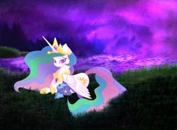 Size: 1976x1458 | Tagged: safe, artist:miniaru, princess celestia, alicorn, pony, crown, dusk, female, filly, hug, jewelry, night, peytral, plushie, prone, regalia, solo, winghug