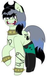 Size: 705x1134 | Tagged: safe, artist:midnightamber, oc, oc only, oc:southern gothic, earth pony, pony, angry, boots, choker, clothes, cowboy boots, cowboy hat, ear piercing, earring, female, hat, icey-verse, jewelry, looking at you, magical lesbian spawn, mare, multicolored hair, offspring, parent:beauty brass, parent:fiddlesticks, parents:fiddlebrass, piercing, shoes, simple background, socks, solo, spiked choker, spiked wristband, stockings, tattoo, thigh highs, torn clothes, transparent background, wristband