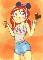 Size: 1024x1431 | Tagged: safe, artist:pettypop, sunset shimmer, equestria girls, blushing, clothes, disney, disney world, eating, food, ice cream, shorts, solo, surprised, tanktop