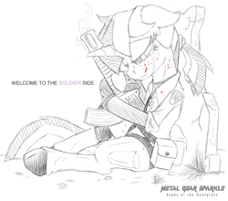 Size: 800x705 | Tagged: safe, artist:xscaralienx, derpibooru import, twilight sparkle, blood, crying, gun, konami, metal gear, solo