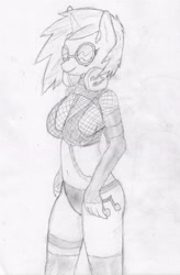 Size: 1656x2521 | Tagged: safe, artist:fluor1te, dj pon-3, vinyl scratch, anthro, unicorn, big breasts, breasts, clothes, fishnet stockings, glasses, headphones, leather, monochrome, pencil drawing, sketch, socks, solo, straps, sunglasses, thigh highs, traditional art, vinyl stacked