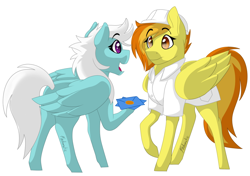 Size: 1024x719 | Tagged: safe, artist:fndomatic63, derpibooru import, fleetfoot, spitfire, pegasus, pony, colored pupils, duo, female, hoof hold, letter, mare, raised hoof, signature, simple background, story in the source, white background