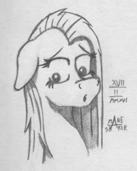 Size: 801x998 | Tagged: safe, artist:mane-shaker, pinkie pie, earth pony, pony, cute, floppy ears, monochrome, pinkamena diane pie, sad, solo, traditional art