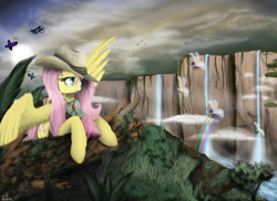 Size: 2138x1553 | Tagged: safe, artist:vinicius040598, fluttershy, breezie, butterfly, pegasus, pony, clothes, fedora, hat, rainbow, waterfall