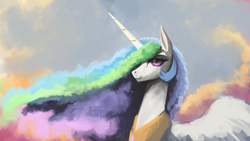 Size: 1920x1080 | Tagged: safe, artist:hierozaki, princess celestia, alicorn, pony, bust, ethereal mane, portrait, sky, smiling, solo, spread wings, wings