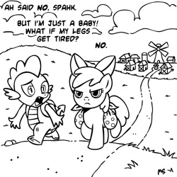 Size: 945x945 | Tagged: safe, artist:megasweet, apple bloom, spike, dragon, earth pony, pony, bag, black and white, dialogue, duo, female, filly, foal, grayscale, male, monochrome, path, ponyville, saddle bag, simple background, walking, white background, windmill