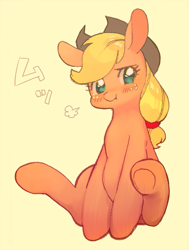 Size: 789x1043 | Tagged: safe, artist:hotomura, applejack, earth pony, pony, blushing, female, mare, scrunchy face, simple background, sitting, solo