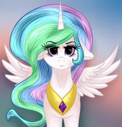 Size: 3500x3650 | Tagged: safe, artist:blocksy-art, princess celestia, alicorn, pony, eyelashes, female, floppy ears, frown, gradient background, jewelry, looking at you, mare, peytral, solo, spread wings, wings