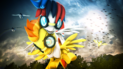 Size: 1920x1080 | Tagged: safe, artist:star-lightstarbright, derpibooru import, spitfire, oc, oc:retro city, bird, pegasus, pony, 3d, female, flying, goggles, mare