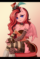 Size: 2814x4150 | Tagged: safe, artist:yutakira92, oc, oc only, anthro, pegasus, anthro oc, beauty mark, borderlands, breasts, cleavage, clothes, cosplay, costume, female, hat, looking at you, mad moxxi, sitting, solo, stockings, thigh highs, wings