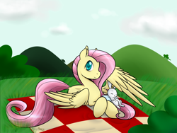 Size: 1600x1200 | Tagged: safe, artist:akashasi, angel bunny, fluttershy, pegasus, pony, picnic blanket, prone