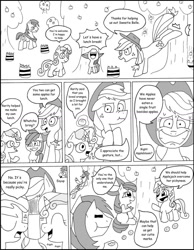 Size: 787x1016 | Tagged: safe, artist:average-00, apple bloom, applejack, big macintosh, sweetie belle, earth pony, pony, apple, applebucking, comic, male, monochrome, orange, stallion