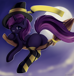 Size: 3300x3414 | Tagged: safe, artist:yutakira92, oc, oc only, pony, unicorn, broom, butt, clothes, featureless crotch, flying, flying broomstick, moon, night, plot, sky, socks, solo, stockings, striped socks, thigh highs, witch, ych result