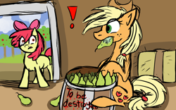 Size: 1024x640 | Tagged: safe, artist:ashtrol, apple bloom, applejack, earth pony, pony, barrel, caught, colored sketch, dishonorapple, eating, fruit heresy, heresy, hilarious in hindsight, pear, pearesy, pearjack