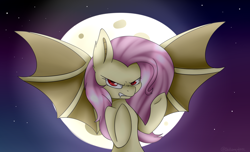 Size: 1600x975 | Tagged: safe, artist:ohhoneybee, fluttershy, bat pony, pony, flutterbat, frown, looking at you, moon, solo