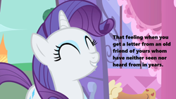 Size: 1280x720 | Tagged: safe, edit, edited screencap, screencap, rarity, pony, unicorn, green isn't your color, season 1, carousel boutique, cute, eyes closed, female, grammar error, happy, implied letter, mare, obligatory pony, open door, raribetes, saddle, smiling, solo, tack, text