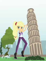 Size: 1300x1700 | Tagged: safe, artist:eninejcompany, applejack, equestria girls, forced perspective, leaning tower of pisa, solo