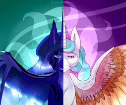 Size: 1702x1419 | Tagged: safe, artist:beyondtheillusion, princess celestia, princess luna, alicorn, pony, body markings, female, looking at you, mare, missing accessory, royal sisters, sisters, split screen