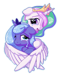 Size: 1100x1400 | Tagged: safe, artist:bobdude0, princess celestia, princess luna, alicorn, pony, bust, crying, cute, cutelestia, duo, female, hug, lunabetes, mare, royal sisters, s1 luna, simple background, sisterly love, sisters, smiling, tears of joy, transparent background, winghug