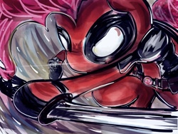 Size: 960x720 | Tagged: safe, artist:ranhkinh, pinkie pie, earth pony, pony, deadpool, marvel, pinkiepool, sword, weapon