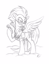 Size: 2574x3299 | Tagged: safe, artist:hexfloog, derpibooru import, spitfire, pegasus, pony, commission, female, mare, sketch, solo, stopwatch, sunglasses, traditional art, whistle, wonderbolts dress uniform