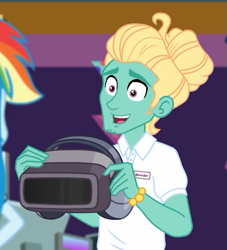 Size: 613x676 | Tagged: safe, derpibooru import, screencap, rainbow dash, zephyr breeze, better together, equestria girls, holidays unwrapped, cropped, dashing through the mall, male, offscreen character, vr headset