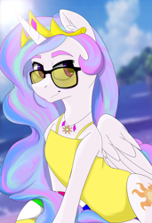 Size: 1024x1497 | Tagged: safe, artist:lula-moonarts, princess celestia, alicorn, pony, semi-anthro, beach, beach ball, clothes, female, jewelry, mare, necklace, one-piece swimsuit, solo, sunglasses, swimsuit